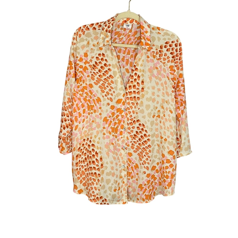 Cabi 6081 Womens Orange Pink Abstract Animal Print Button Down Blouse Size M